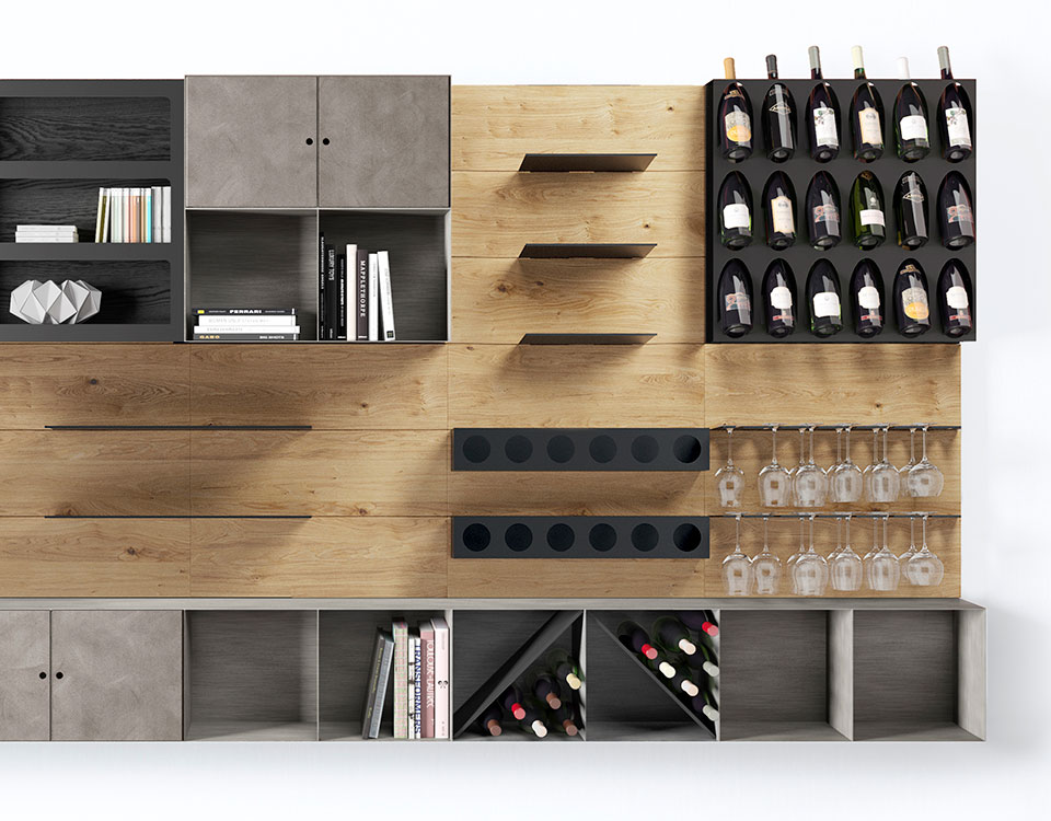 parete modulare per vino con portabicchieri e portabottiglie