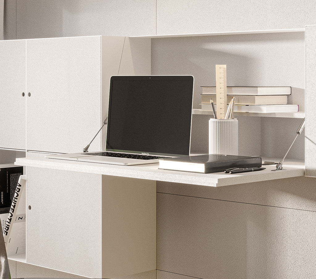 vani contenitivi e desk per smartworking in parete attrezzata modulo to be